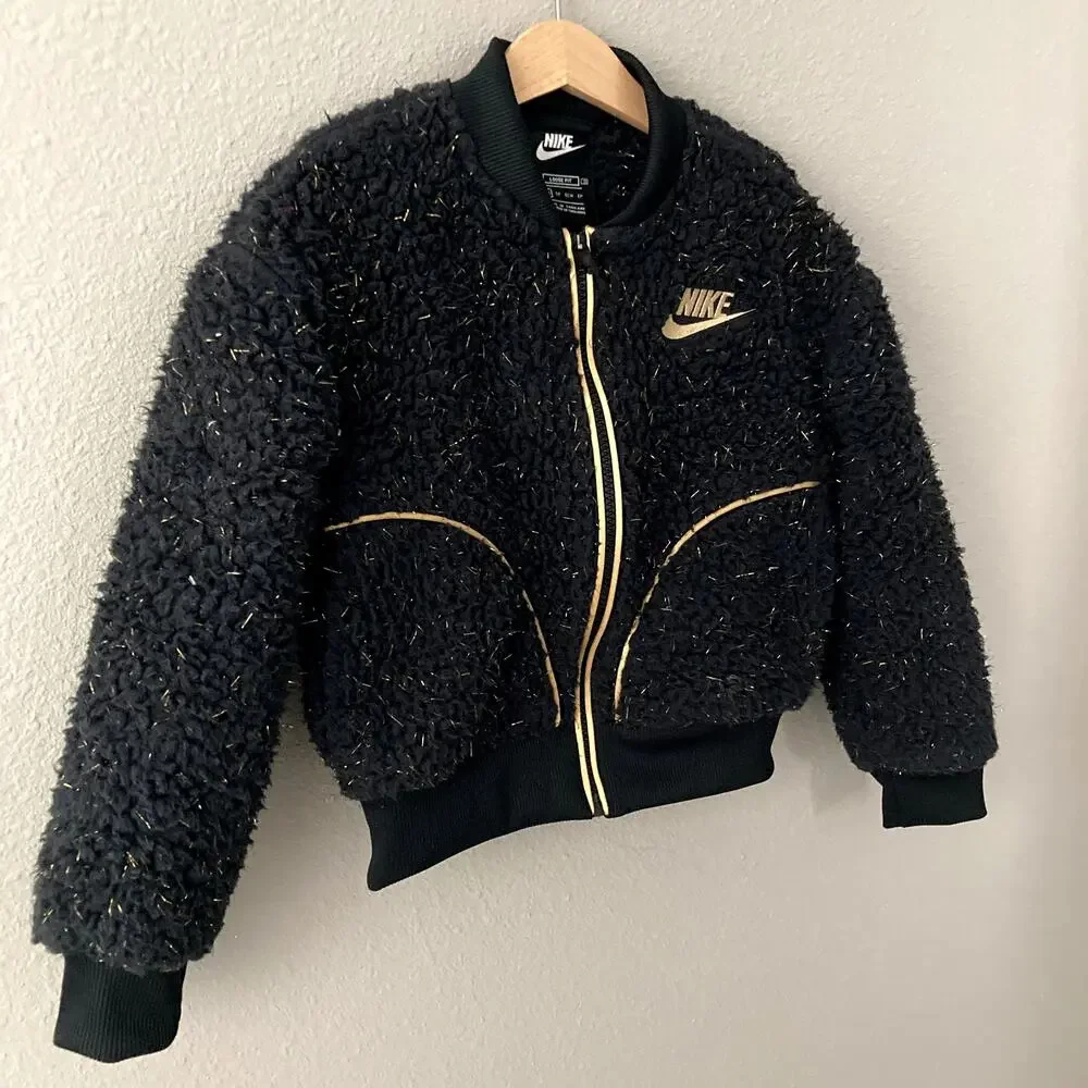 Nike Sherpa Shine Fleece Bomber Jacket - Girls - Black Gold - XS or 4 / 5